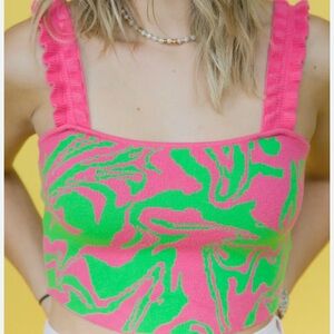 Pink & Green Patterned Knit Tank Top